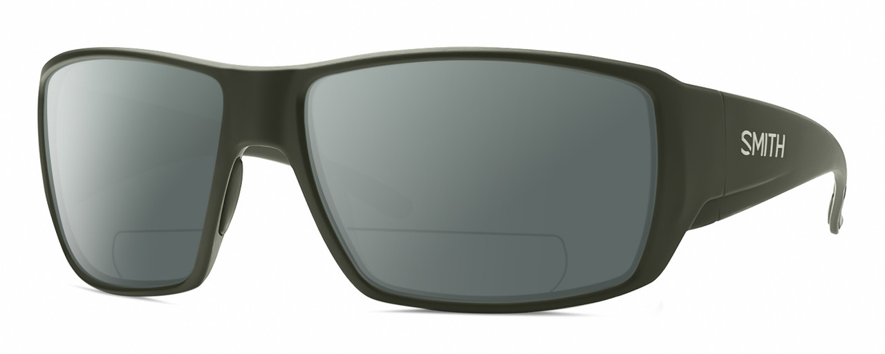 Profile View of Smith Optics Guides Choice Designer Polarized Reading Sunglasses with Custom Cut Powered Smoke Grey Lenses in Matte Moss Green Unisex Rectangle Full Rim Acetate 62 mm