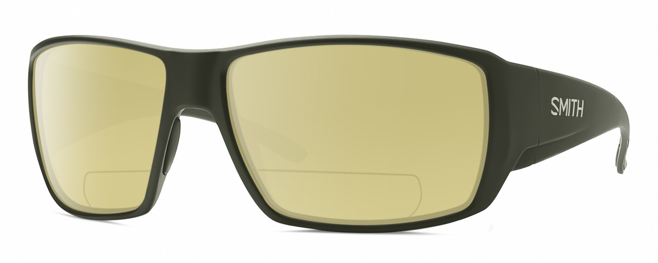 Profile View of Smith Optics Guides Choice Designer Polarized Reading Sunglasses with Custom Cut Powered Sun Flower Yellow Lenses in Matte Moss Green Unisex Rectangle Full Rim Acetate 62 mm
