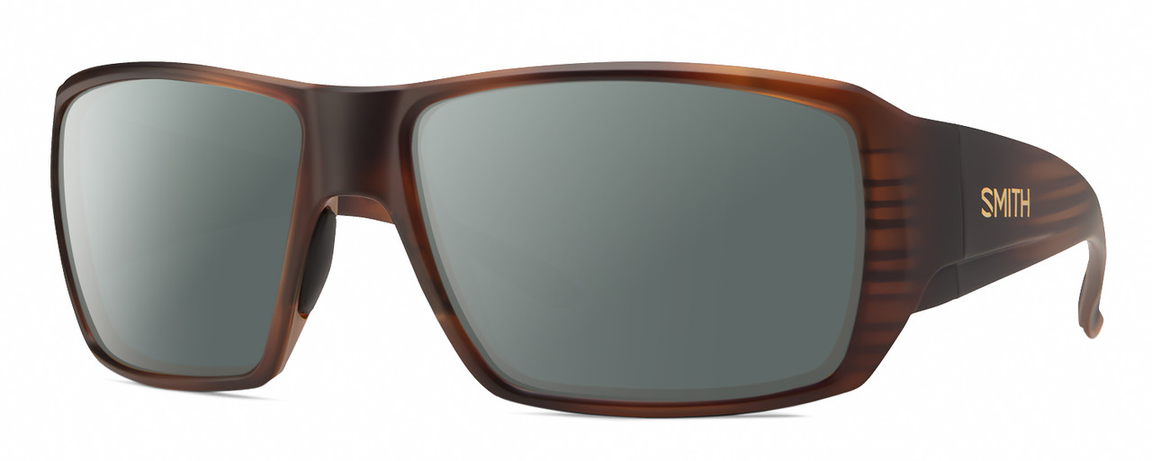 Profile View of Smith Optics Guides Choice S Designer Polarized Sunglasses with Custom Cut Smoke Grey Lenses in Matte Tortoise Havana Brown Gold Unisex Rectangle Full Rim Acetate 58 mm