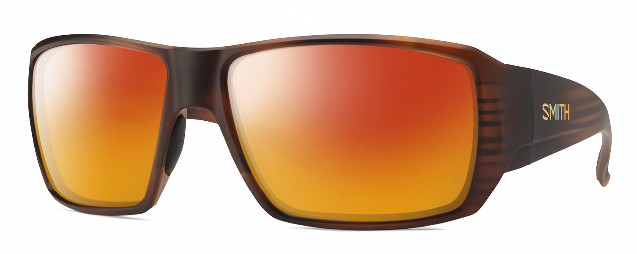 Profile View of Smith Optics Guides Choice S Designer Polarized Sunglasses with Custom Cut Red Mirror Lenses in Matte Tortoise Havana Brown Gold Unisex Rectangle Full Rim Acetate 58 mm