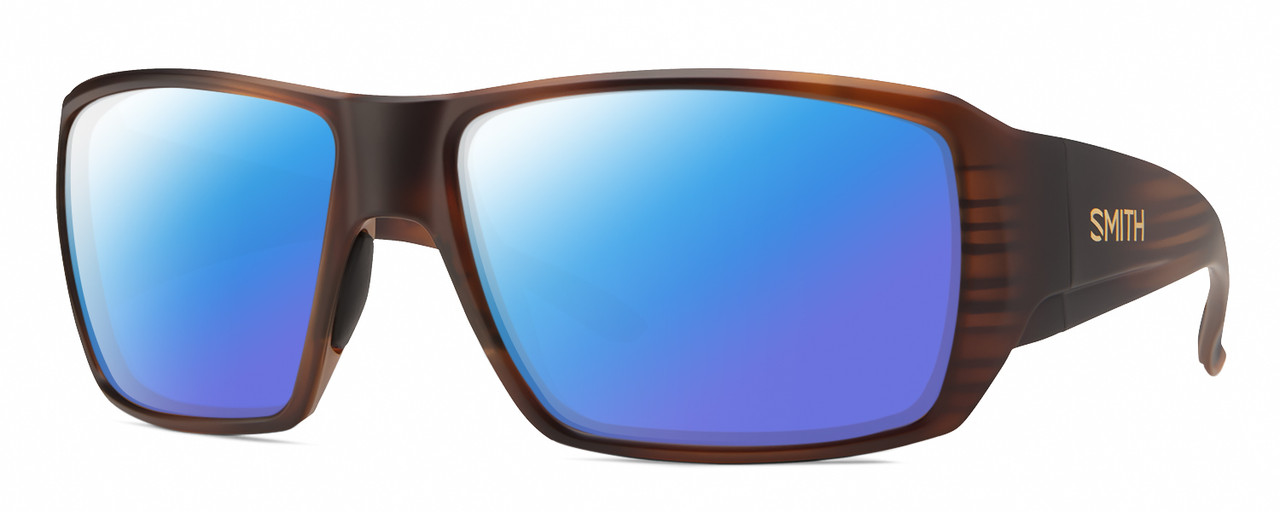 Profile View of Smith Optics Guides Choice S Designer Polarized Sunglasses with Custom Cut Blue Mirror Lenses in Matte Tortoise Havana Brown Gold Unisex Rectangle Full Rim Acetate 58 mm