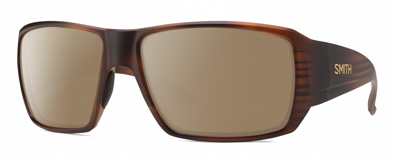 Profile View of Smith Optics Guides Choice S Designer Polarized Sunglasses with Custom Cut Amber Brown Lenses in Matte Tortoise Havana Brown Gold Unisex Rectangle Full Rim Acetate 58 mm
