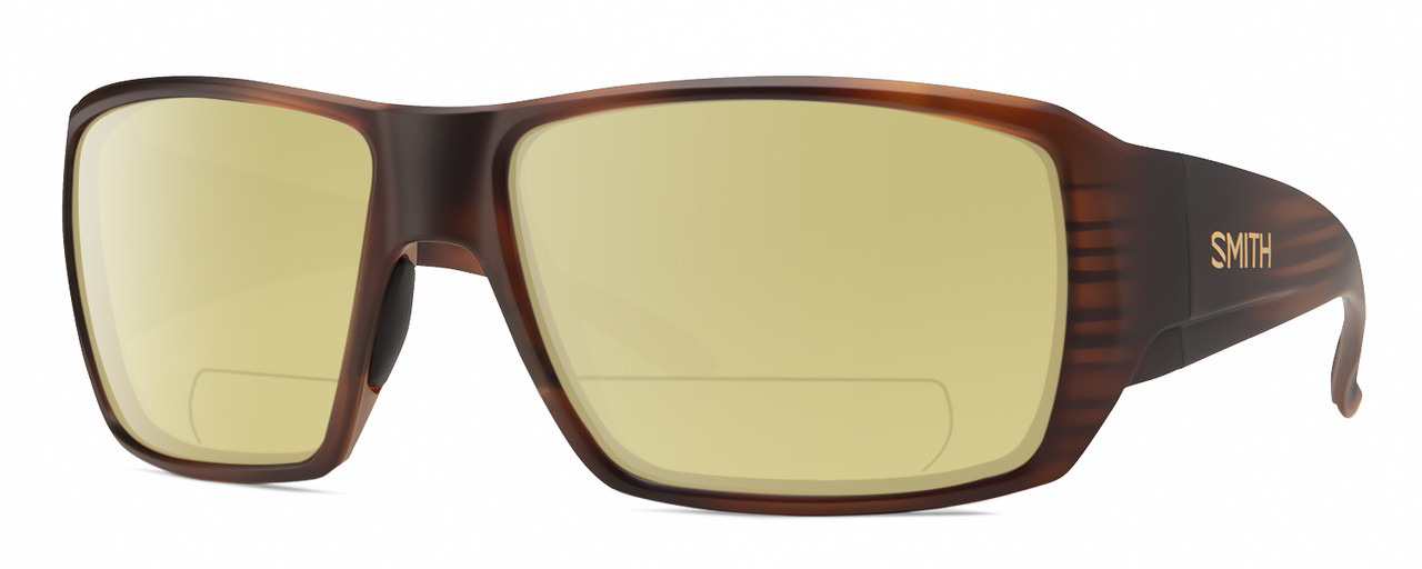 Profile View of Smith Optics Guides Choice S Designer Polarized Reading Sunglasses with Custom Cut Powered Sun Flower Yellow Lenses in Matte Tortoise Havana Brown Gold Unisex Rectangle Full Rim Acetate 58 mm