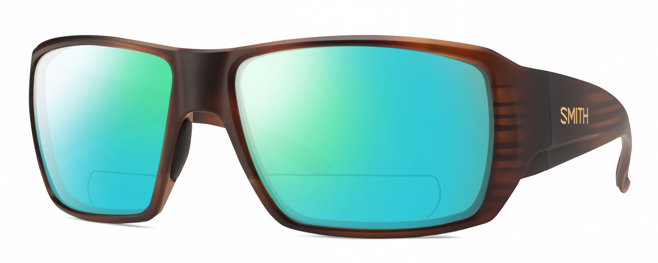 Profile View of Smith Optics Guides Choice S Designer Polarized Reading Sunglasses with Custom Cut Powered Green Mirror Lenses in Matte Tortoise Havana Brown Gold Unisex Rectangle Full Rim Acetate 58 mm
