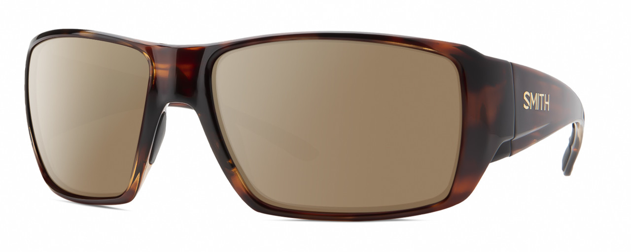 Profile View of Smith Optics Guides Choice XL Designer Polarized Sunglasses with Custom Cut Amber Brown Lenses in Tortoise Havana Brown Gold Unisex Rectangle Full Rim Acetate 63 mm