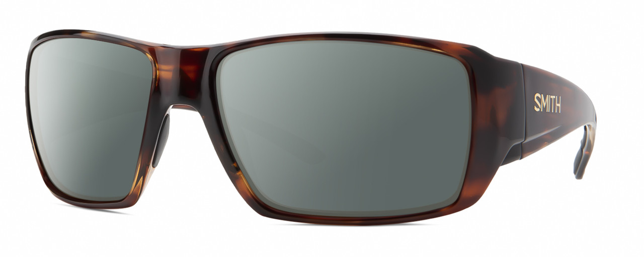 Profile View of Smith Optics Guides Choice XL Designer Polarized Sunglasses with Custom Cut Smoke Grey Lenses in Tortoise Havana Brown Gold Unisex Rectangle Full Rim Acetate 63 mm
