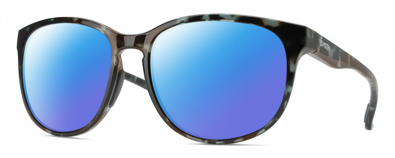 Profile View of Smith Optics Lake Shasta Designer Polarized Sunglasses with Custom Cut Blue Mirror Lenses in Sky Tortoise Havana Blue Black Marble Unisex Cateye Full Rim Acetate 56 mm