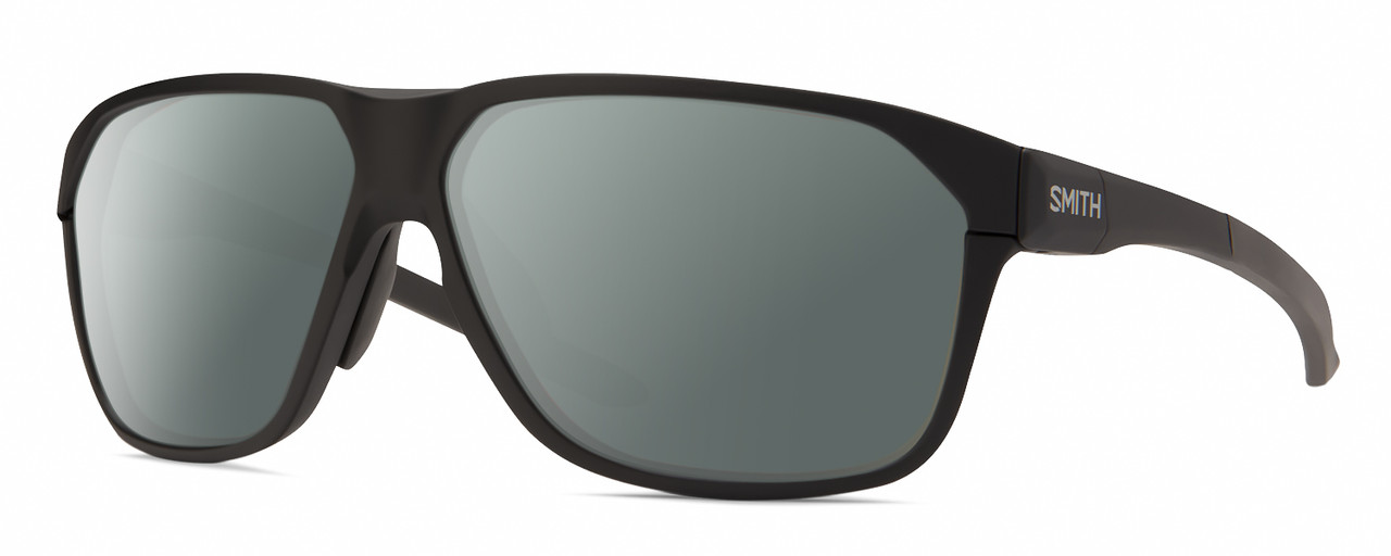 Profile View of Smith Optics Leadout Pivlock Designer Polarized Sunglasses with Custom Cut Smoke Grey Lenses in Matte Black Unisex Square Full Rim Acetate 63 mm