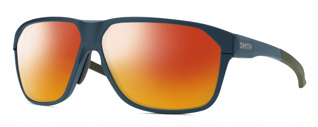 Profile View of Smith Optics Leadout Pivlock Designer Polarized Sunglasses with Custom Cut Red Mirror Lenses in Matte Stone/Moss Green Blue Grey Unisex Square Full Rim Acetate 63 mm