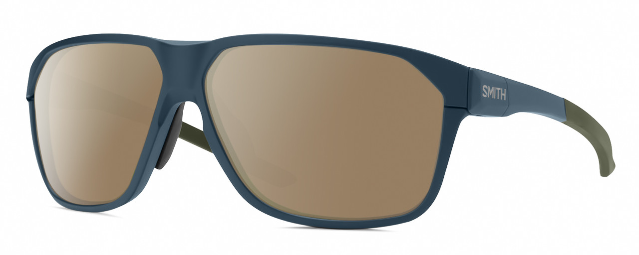 Profile View of Smith Optics Leadout Pivlock Designer Polarized Sunglasses with Custom Cut Amber Brown Lenses in Matte Stone/Moss Green Blue Grey Unisex Square Full Rim Acetate 63 mm