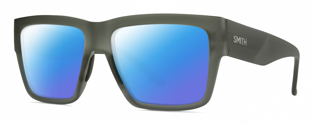 Profile View of Smith Optics Lineup Designer Polarized Sunglasses with Custom Cut Blue Mirror Lenses in Matte Moss Crystal Green Unisex Square Full Rim Acetate 58 mm
