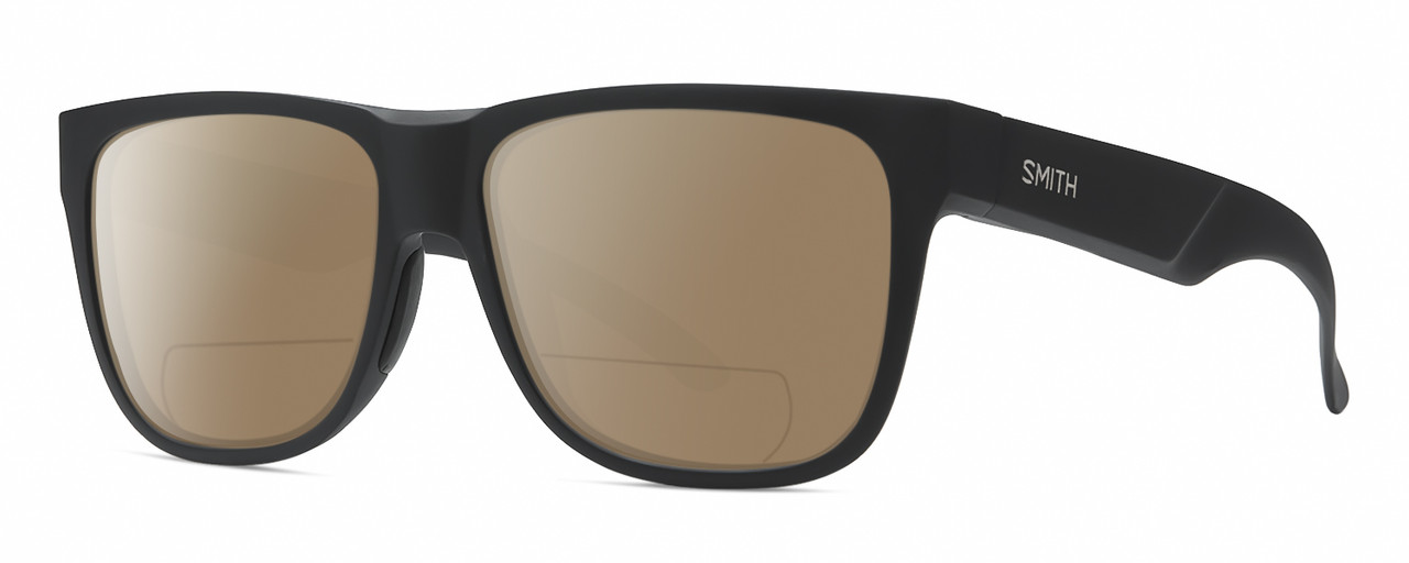 Profile View of Smith Optics Lowdown 2 Designer Polarized Reading Sunglasses with Custom Cut Powered Amber Brown Lenses in Matte Black Unisex Classic Full Rim Acetate 55 mm