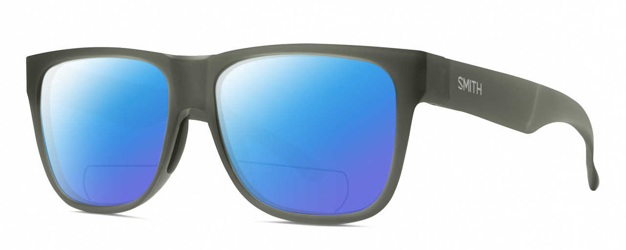 Profile View of Smith Optics Lowdown 2 Designer Polarized Reading Sunglasses with Custom Cut Powered Blue Mirror Lenses in Matte Moss Crystal Green Unisex Classic Full Rim Acetate 55 mm