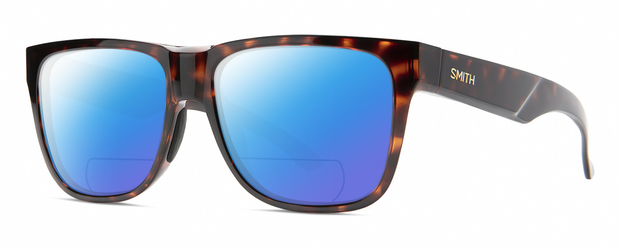 Profile View of Smith Optics Lowdown 2 Designer Polarized Reading Sunglasses with Custom Cut Powered Blue Mirror Lenses in Tortoise Havana Brown Gold Unisex Classic Full Rim Acetate 55 mm