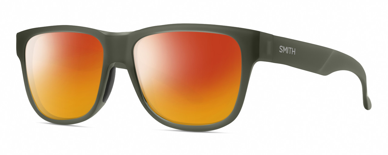 Profile View of Smith Optics Lowdown Slim 2 Designer Polarized Sunglasses with Custom Cut Red Mirror Lenses in Matte Moss Crystal Green Unisex Classic Full Rim Acetate 53 mm