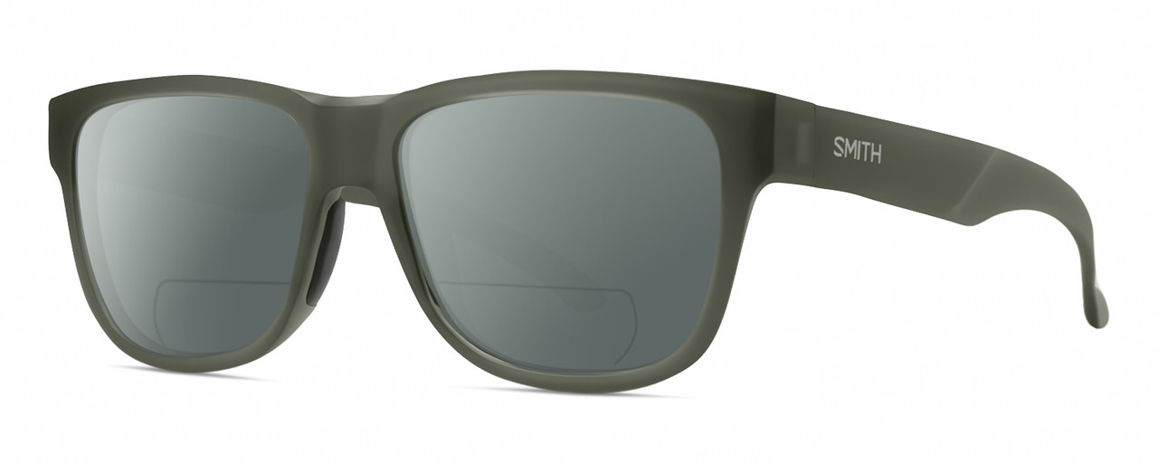 Profile View of Smith Optics Lowdown Slim 2 Designer Polarized Reading Sunglasses with Custom Cut Powered Smoke Grey Lenses in Matte Moss Crystal Green Unisex Classic Full Rim Acetate 53 mm