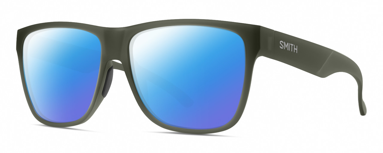 Profile View of Smith Optics Lowdown XL 2 Designer Polarized Sunglasses with Custom Cut Blue Mirror Lenses in Matte Moss Crystal Green Unisex Classic Full Rim Acetate 60 mm