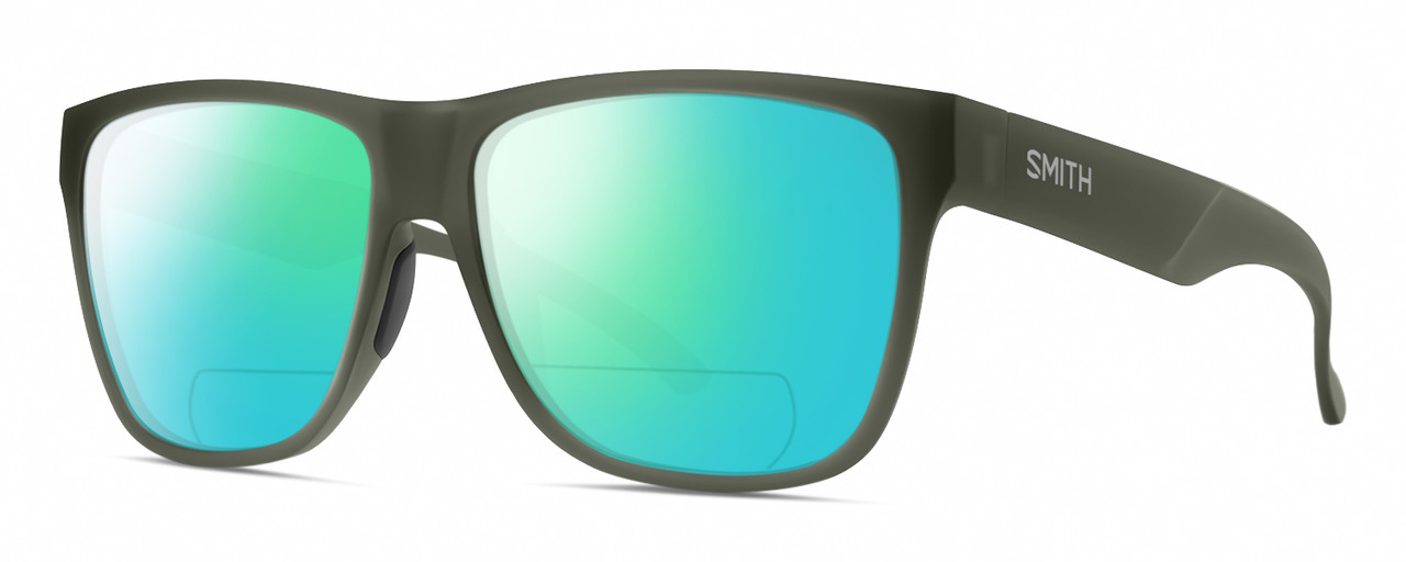 Profile View of Smith Optics Lowdown XL 2 Designer Polarized Reading Sunglasses with Custom Cut Powered Green Mirror Lenses in Matte Moss Crystal Green Unisex Classic Full Rim Acetate 60 mm