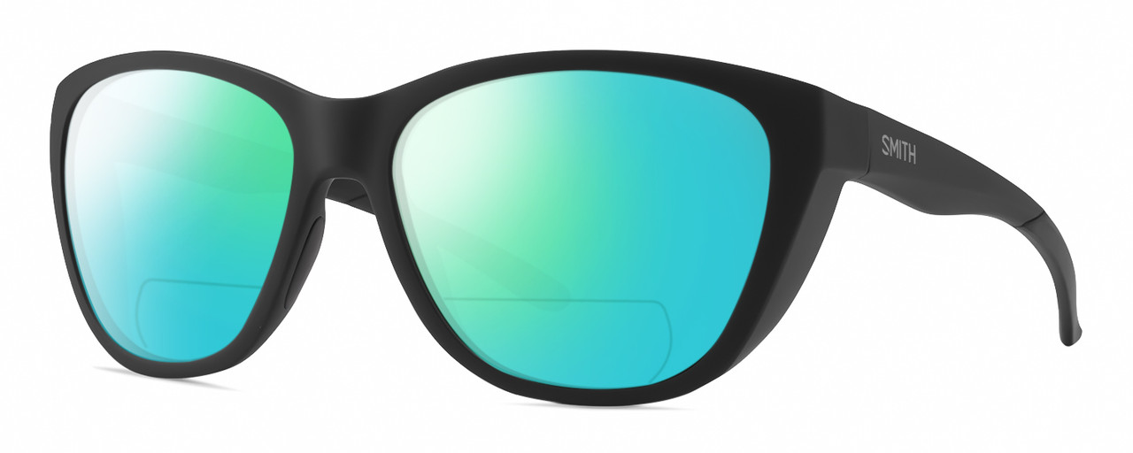 Profile View of Smith Optics Shoal Designer Polarized Reading Sunglasses with Custom Cut Powered Green Mirror Lenses in Matte Black Unisex Oval Full Rim Acetate 58 mm