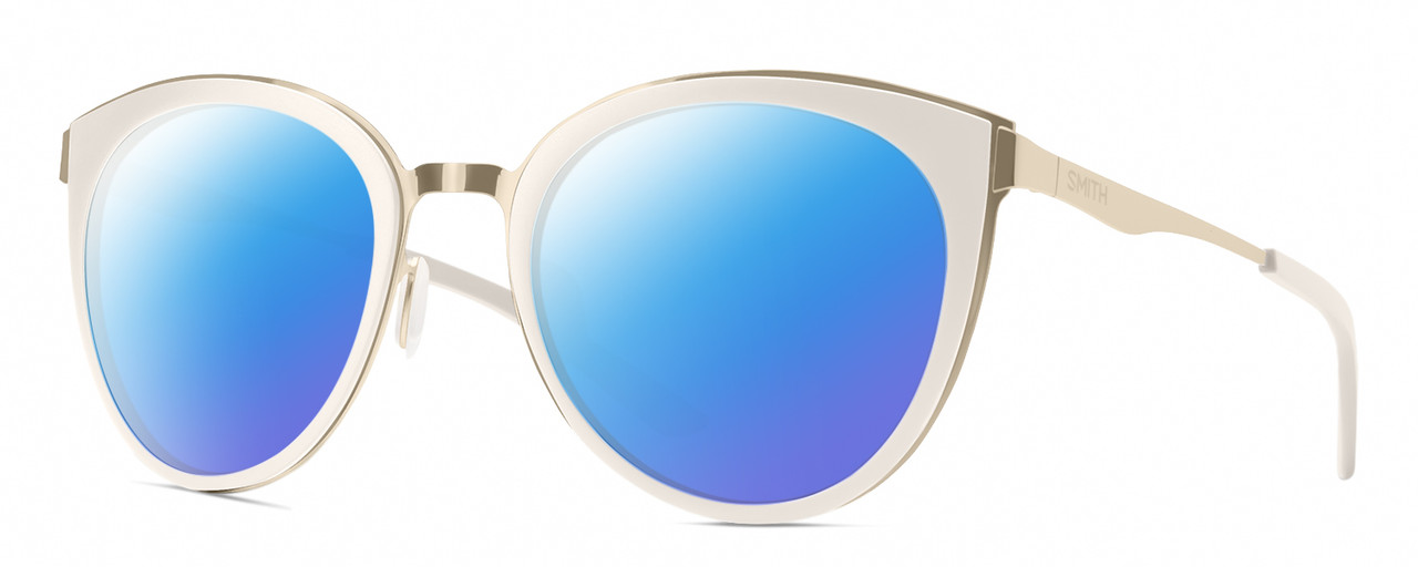 Profile View of Smith Optics Somerset Designer Polarized Sunglasses with Custom Cut Blue Mirror Lenses in White Gold Ladies Cateye Full Rim Stainless Steel 53 mm