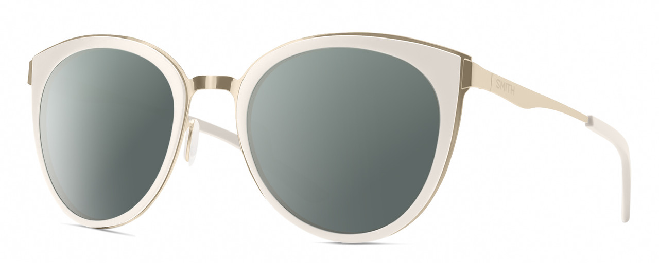 Profile View of Smith Optics Somerset Designer Polarized Sunglasses with Custom Cut Smoke Grey Lenses in White Gold Ladies Cateye Full Rim Stainless Steel 53 mm