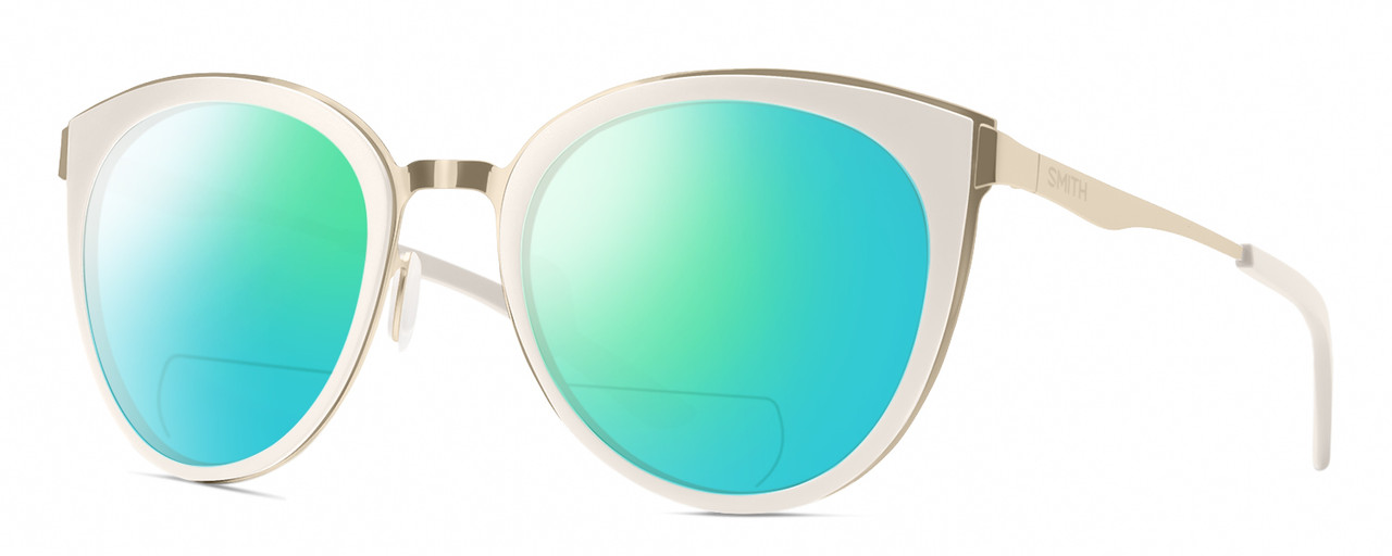 Profile View of Smith Optics Somerset Designer Polarized Reading Sunglasses with Custom Cut Powered Green Mirror Lenses in White Gold Ladies Cateye Full Rim Stainless Steel 53 mm