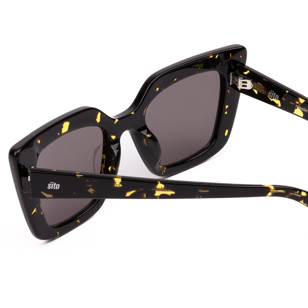 Close Up View of SITO SHADES CULT VISION Cat Eye Sunglasses Yellow Black Tortoise/Iron Gray 51 mm