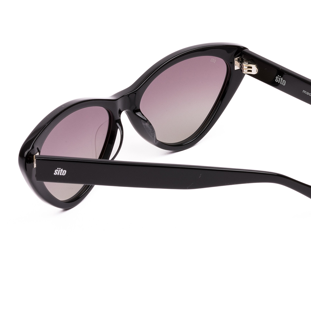 Close Up View of SITO SHADES SEDUCTION Cat Eye Designer Sunglasses in Black/Quartz Gradient 57 mm