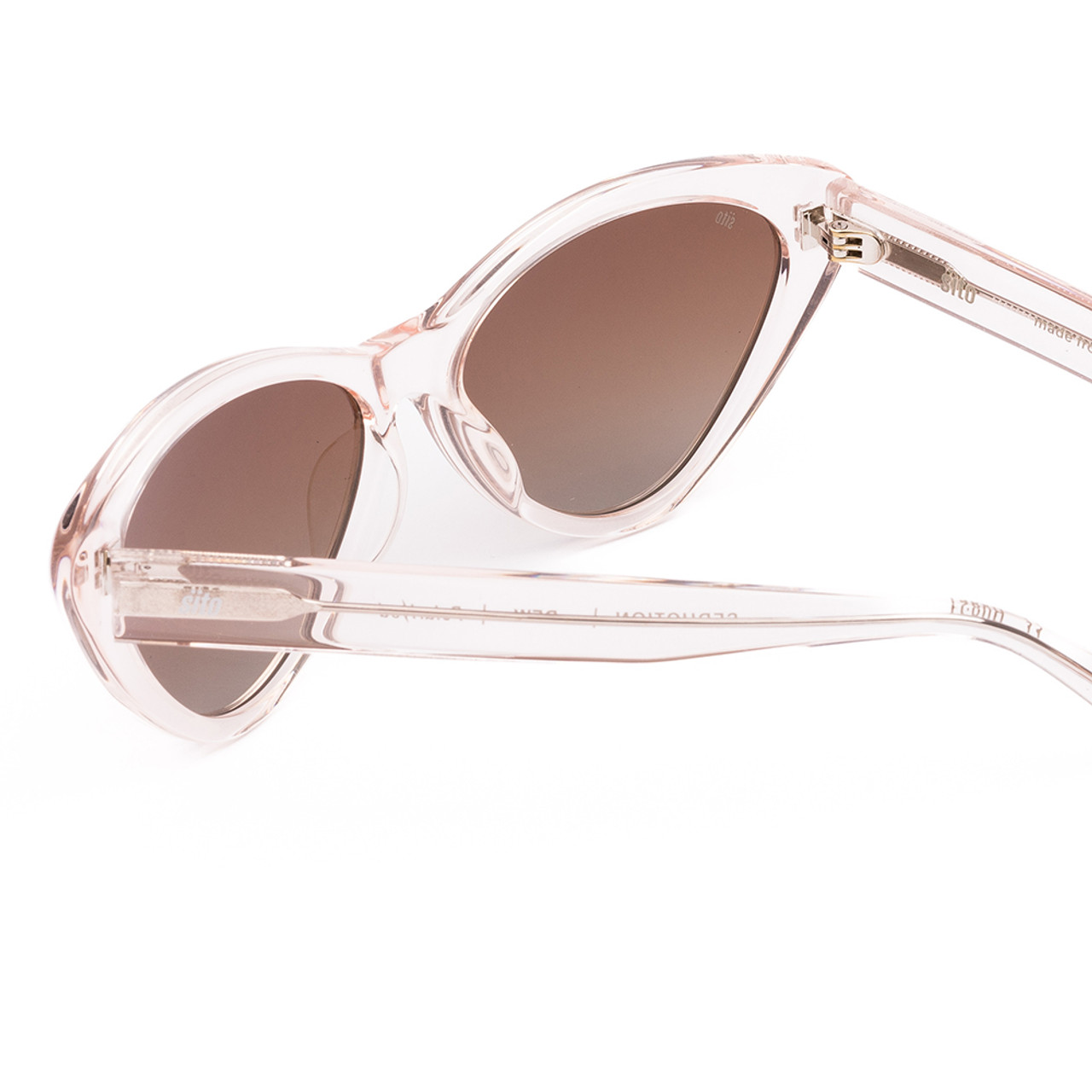 Close Up View of SITO SHADES SEDUCTION Cat Eye Sunglass Clear Pink Crystal/Rosewood Gradient 57mm