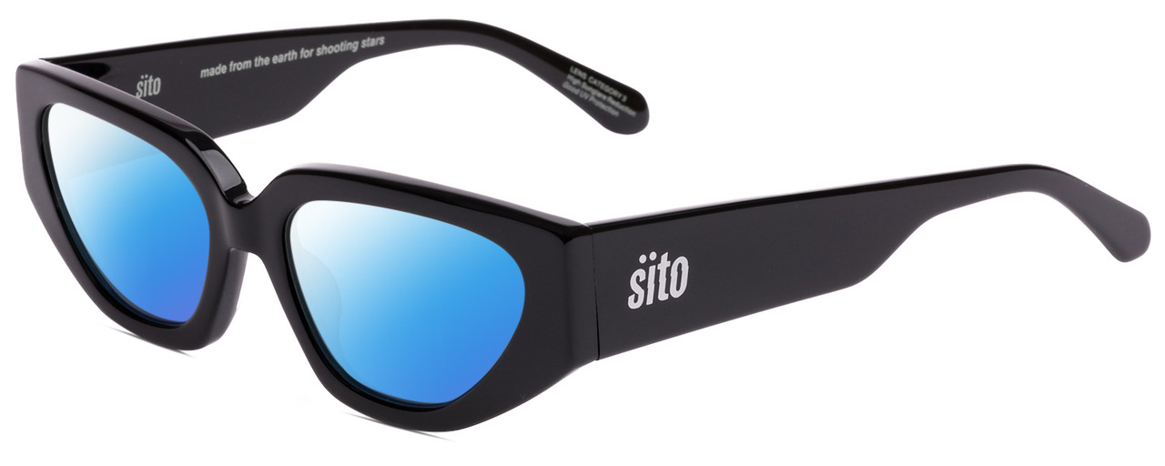 Profile View of SITO SHADES AXIS Designer Polarized Sunglasses with Custom Cut Blue Mirror Lenses in Black Ladies Square Full Rim Acetate 55 mm