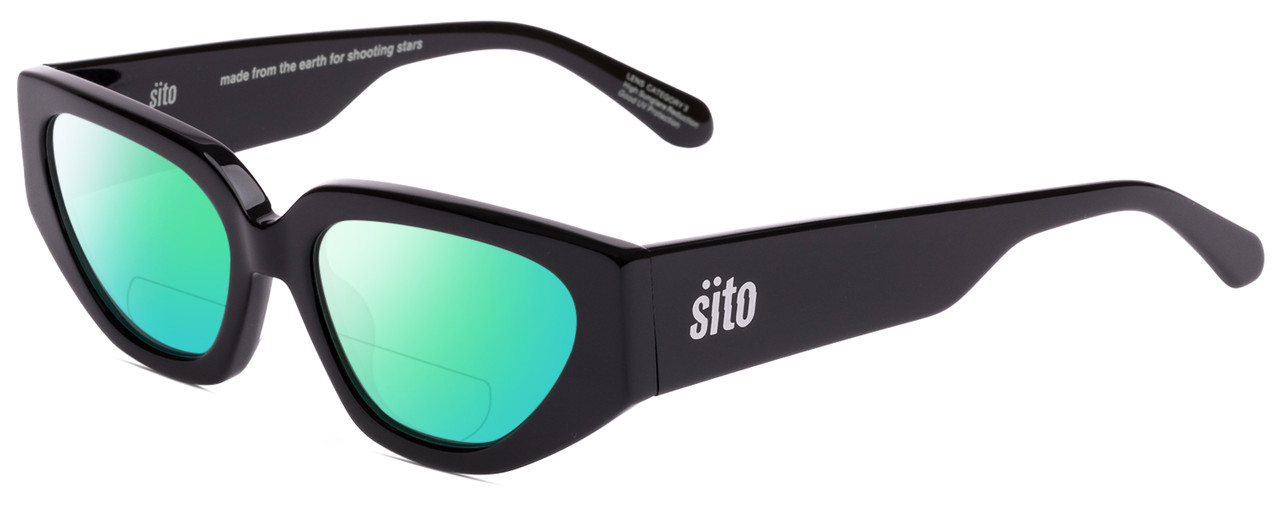 Profile View of SITO SHADES AXIS Designer Polarized Reading Sunglasses with Custom Cut Powered Green Mirror Lenses in Black Ladies Square Full Rim Acetate 55 mm