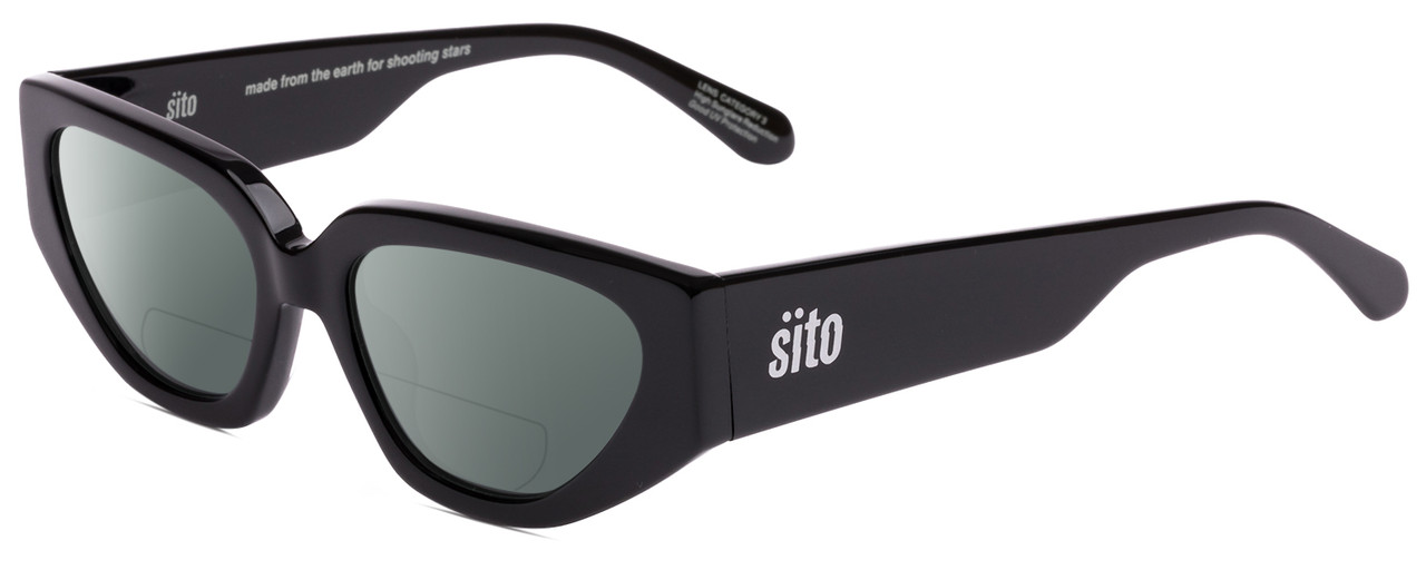 Profile View of SITO SHADES AXIS Designer Polarized Reading Sunglasses with Custom Cut Powered Smoke Grey Lenses in Black Ladies Square Full Rim Acetate 55 mm