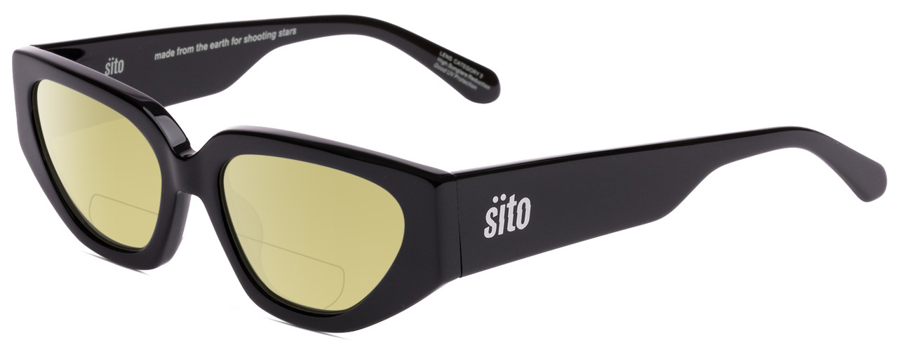 Profile View of SITO SHADES AXIS Designer Polarized Reading Sunglasses with Custom Cut Powered Sun Flower Yellow Lenses in Black Ladies Square Full Rim Acetate 55 mm