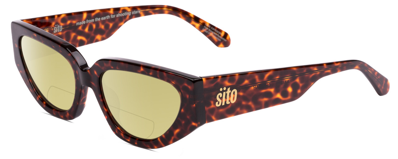 Profile View of SITO SHADES AXIS Designer Polarized Reading Sunglasses with Custom Cut Powered Sun Flower Yellow Lenses in Brown Cheetah Ladies Square Full Rim Acetate 55 mm