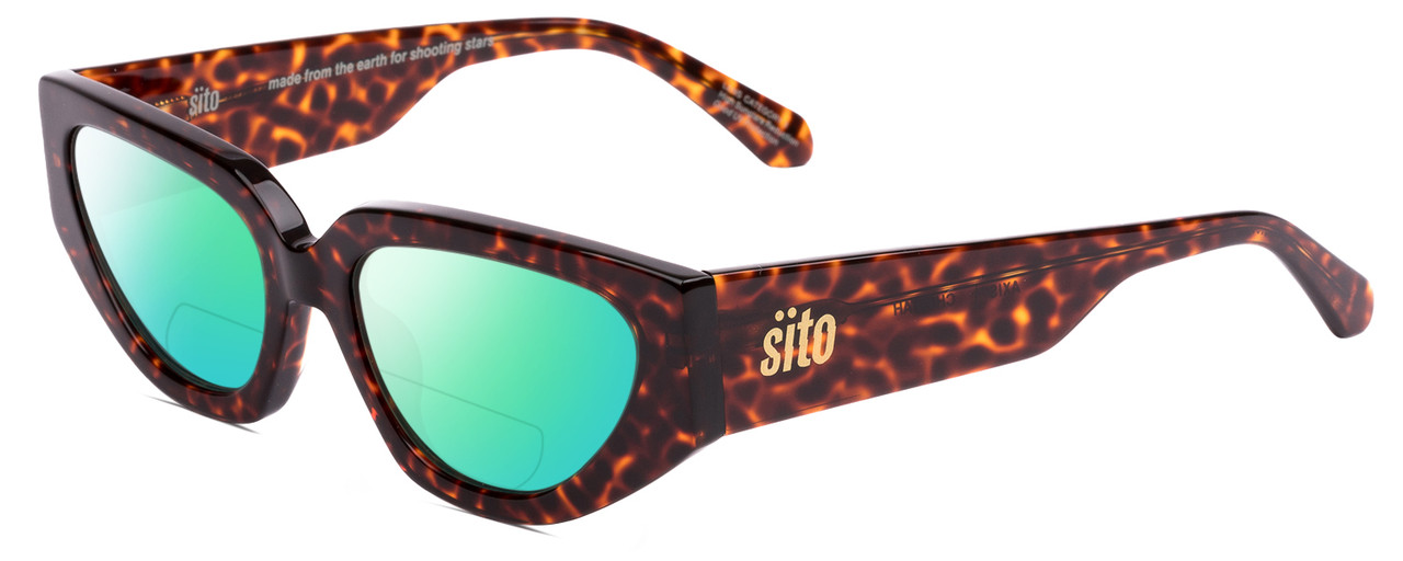 Profile View of SITO SHADES AXIS Designer Polarized Reading Sunglasses with Custom Cut Powered Green Mirror Lenses in Brown Cheetah Ladies Square Full Rim Acetate 55 mm
