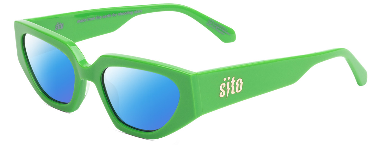 Profile View of SITO SHADES AXIS Designer Polarized Sunglasses with Custom Cut Blue Mirror Lenses in Neon Green Flash Ladies Square Full Rim Acetate 55 mm