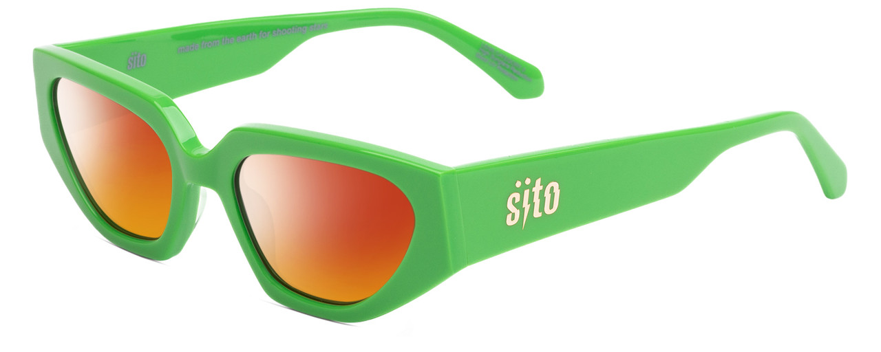 Profile View of SITO SHADES AXIS Designer Polarized Sunglasses with Custom Cut Red Mirror Lenses in Neon Green Flash Ladies Square Full Rim Acetate 55 mm