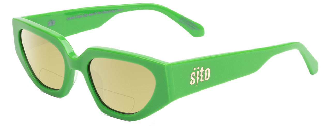 Profile View of SITO SHADES AXIS Designer Polarized Reading Sunglasses with Custom Cut Powered Sun Flower Yellow Lenses in Neon Green Flash Ladies Square Full Rim Acetate 55 mm