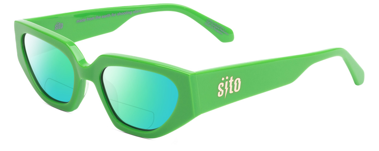 Profile View of SITO SHADES AXIS Designer Polarized Reading Sunglasses with Custom Cut Powered Green Mirror Lenses in Neon Green Flash Ladies Square Full Rim Acetate 55 mm