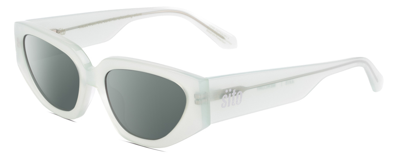 Profile View of SITO SHADES AXIS Designer Polarized Sunglasses with Custom Cut Smoke Grey Lenses in Mercury White Grey Crystal Ladies Square Full Rim Acetate 55 mm