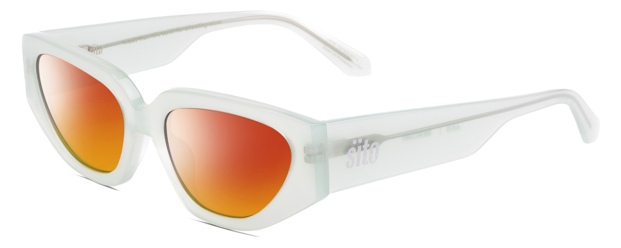 Profile View of SITO SHADES AXIS Designer Polarized Sunglasses with Custom Cut Red Mirror Lenses in Mercury White Grey Crystal Ladies Square Full Rim Acetate 55 mm