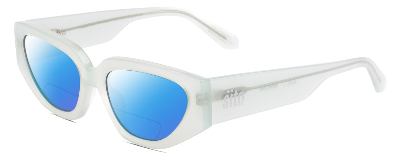 Profile View of SITO SHADES AXIS Designer Polarized Reading Sunglasses with Custom Cut Powered Blue Mirror Lenses in Mercury White Grey Crystal Ladies Square Full Rim Acetate 55 mm