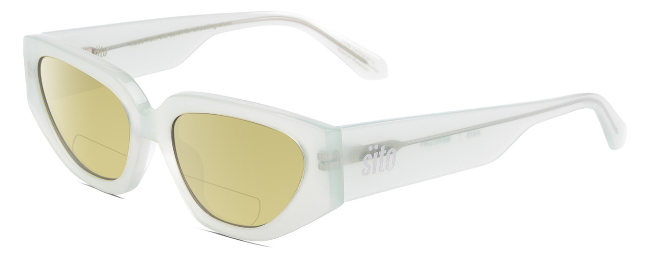 Profile View of SITO SHADES AXIS Designer Polarized Reading Sunglasses with Custom Cut Powered Sun Flower Yellow Lenses in Mercury White Grey Crystal Ladies Square Full Rim Acetate 55 mm