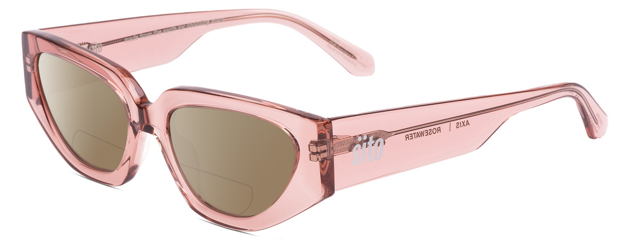 Profile View of SITO SHADES AXIS Designer Polarized Reading Sunglasses with Custom Cut Powered Amber Brown Lenses in Rosewater Pink Crystal Ladies Square Full Rim Acetate 55 mm