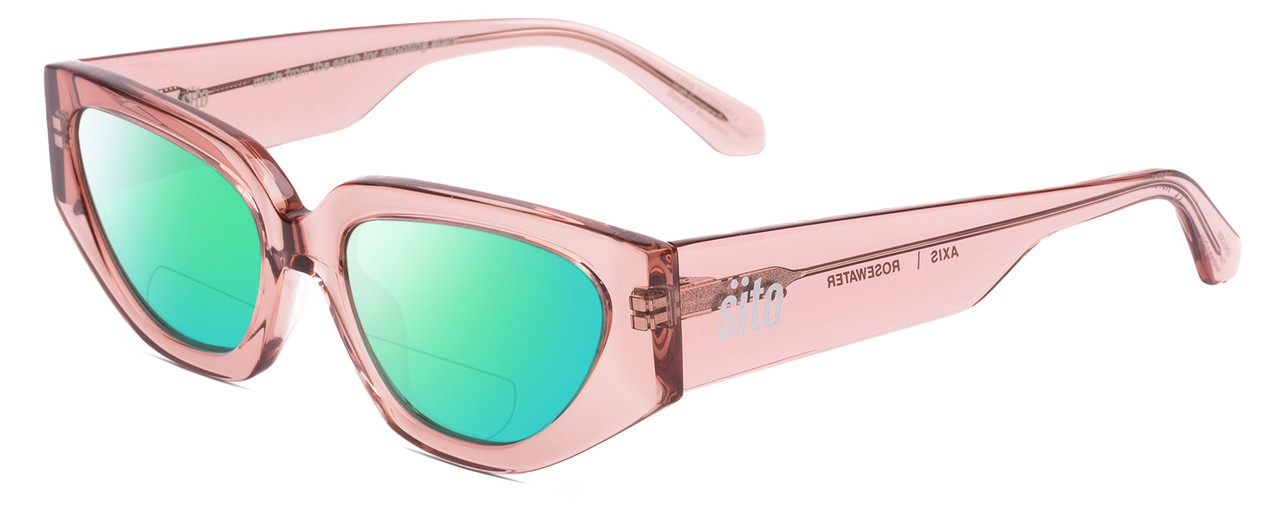 Profile View of SITO SHADES AXIS Designer Polarized Reading Sunglasses with Custom Cut Powered Green Mirror Lenses in Rosewater Pink Crystal Ladies Square Full Rim Acetate 55 mm