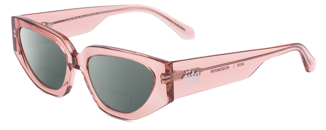 Profile View of SITO SHADES AXIS Designer Polarized Reading Sunglasses with Custom Cut Powered Smoke Grey Lenses in Rosewater Pink Crystal Ladies Square Full Rim Acetate 55 mm