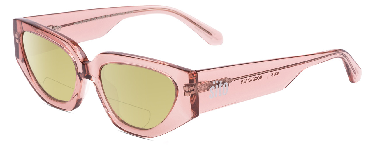 Profile View of SITO SHADES AXIS Designer Polarized Reading Sunglasses with Custom Cut Powered Sun Flower Yellow Lenses in Rosewater Pink Crystal Ladies Square Full Rim Acetate 55 mm