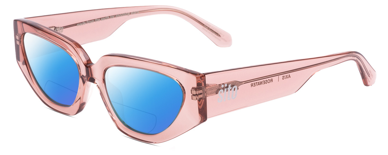 Profile View of SITO SHADES AXIS Designer Polarized Reading Sunglasses with Custom Cut Powered Blue Mirror Lenses in Rosewater Pink Crystal Ladies Square Full Rim Acetate 55 mm