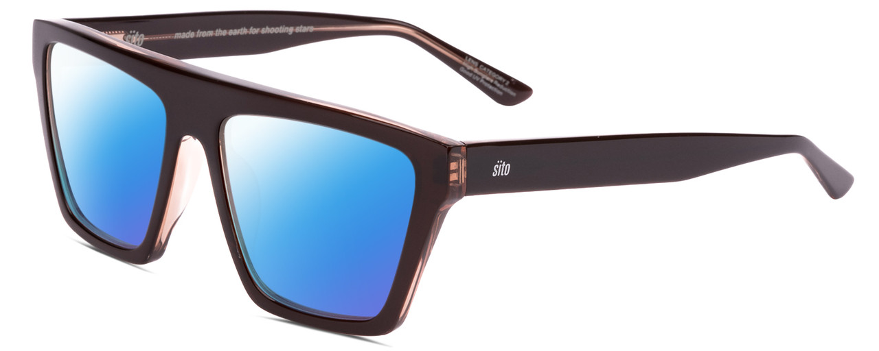 Profile View of SITO SHADES BENDER Designer Polarized Sunglasses with Custom Cut Blue Mirror Lenses in Black Crystal Ladies Rectangular Full Rim Acetate 57 mm