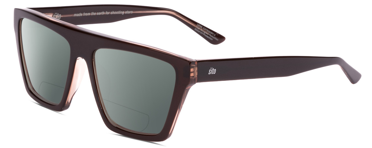 Profile View of SITO SHADES BENDER Designer Polarized Reading Sunglasses with Custom Cut Powered Smoke Grey Lenses in Black Crystal Ladies Rectangular Full Rim Acetate 57 mm